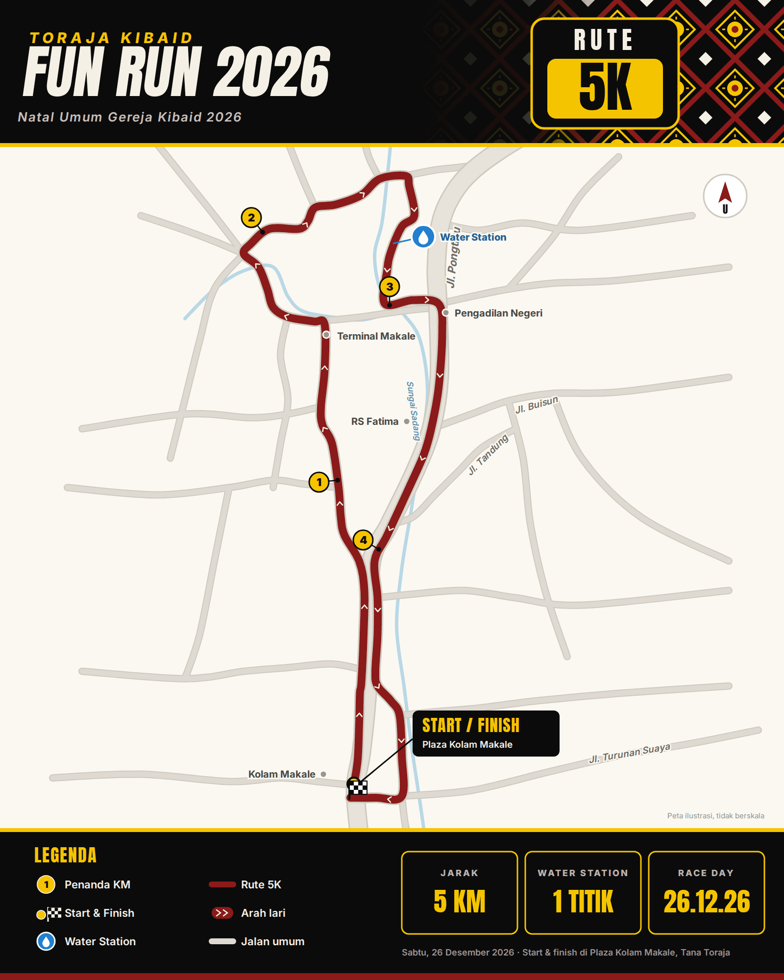 Peta rute 5K Toraja Kibaid Fun Run 2026: start dan finish di Plaza Kolam Makale, melewati Terminal Makale, Jl. Pongtiku, dan RS Fatima, dengan 1 water station